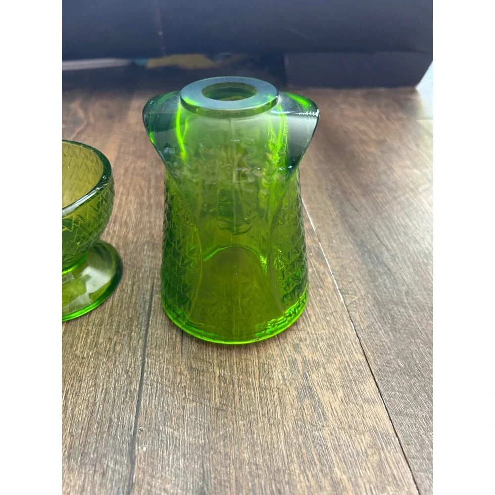 Vintage Viking Glass Green Owl Fairy Lamp MCM Avocado Glimmer Glass 2 Piece Set